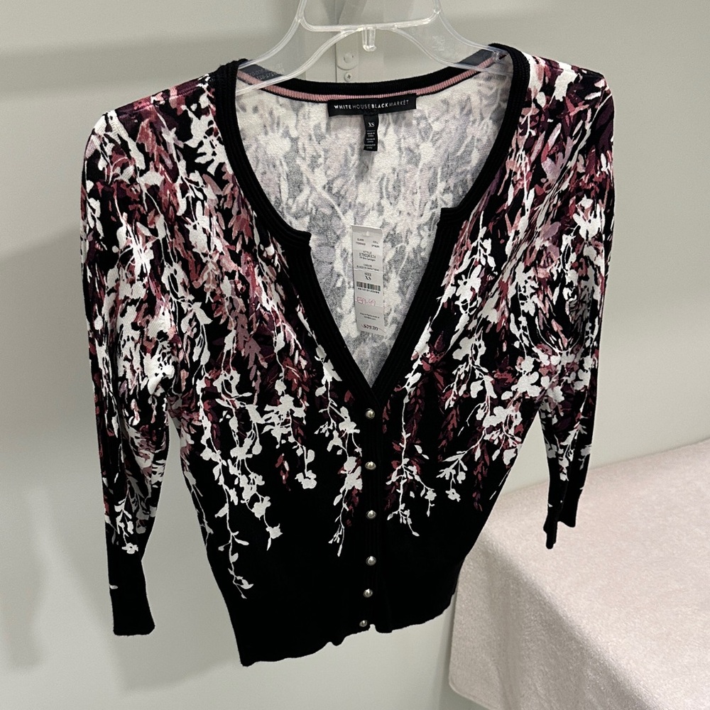 Floral Button Cardigan | Size XS | Color Black with Impatiens | WHBM